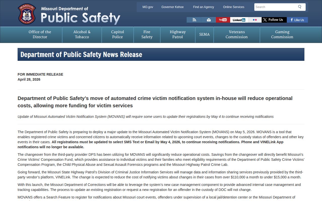 Scotland County MOVANS release alert SMS and email change